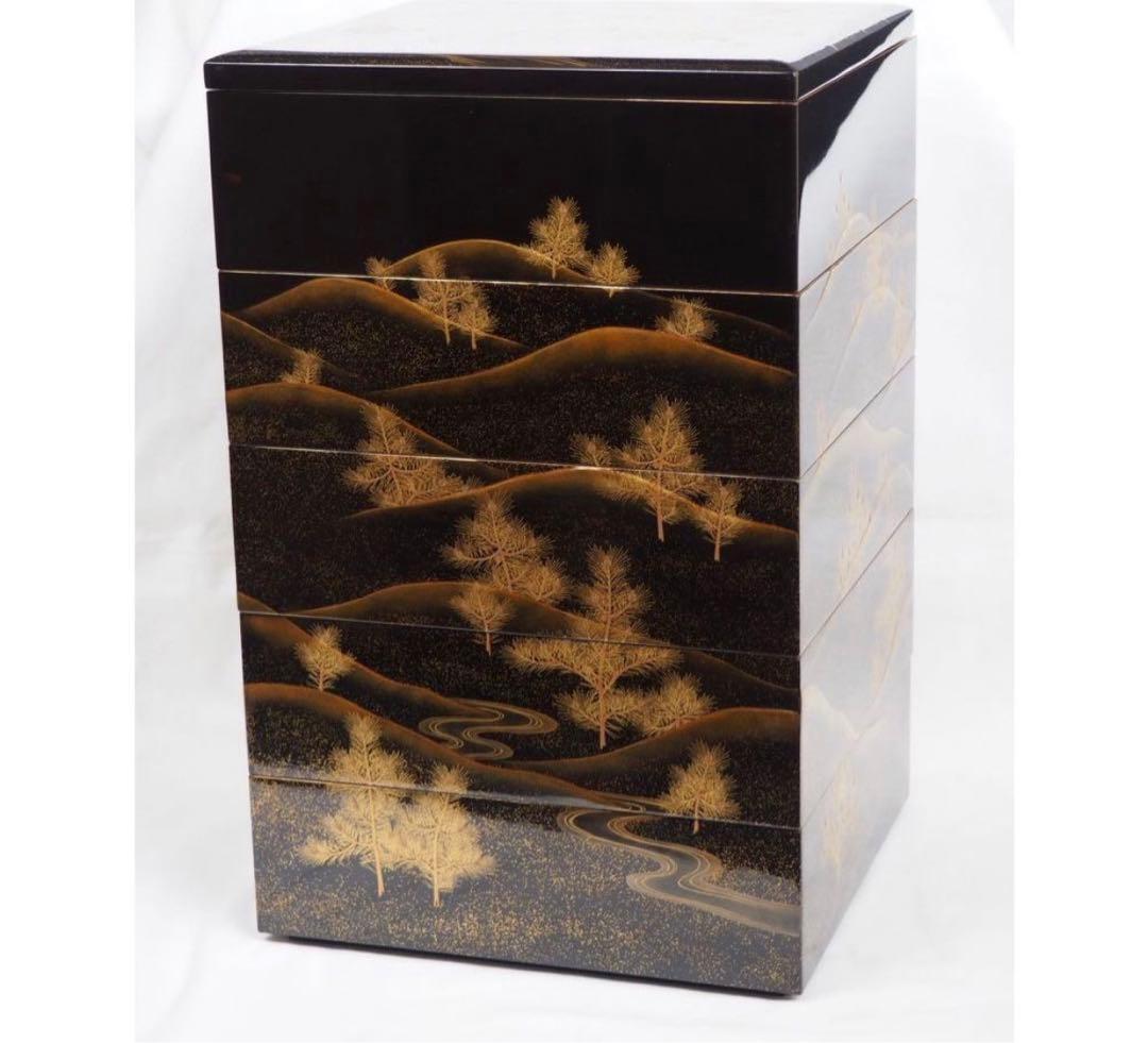 送料無料　旧家蔵出時代輪島塗 本金使用 金蒔絵根５重箱　変え蓋月付　大美品　共箱