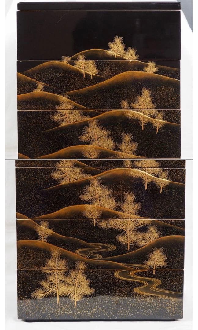 送料無料　旧家蔵出時代輪島塗 本金使用 金蒔絵根５重箱　変え蓋月付　大美品　共箱