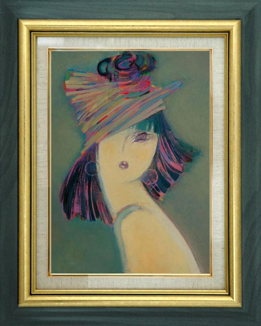 油絵 絵 絵画インテリア 額付(青緑＋金色の枠) F4-051613 人物 女性