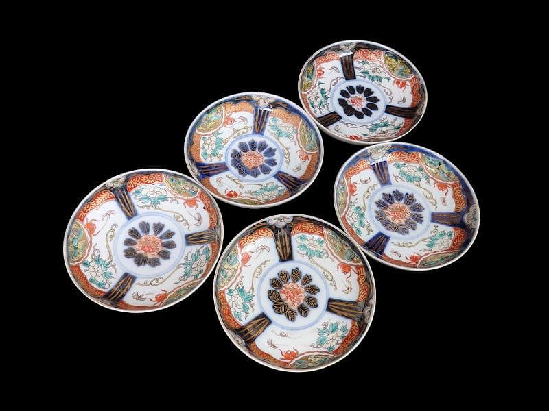 古伊万里　色絵　団龍紋に牡丹の図　5寸皿　5枚　D466AS-fbtk