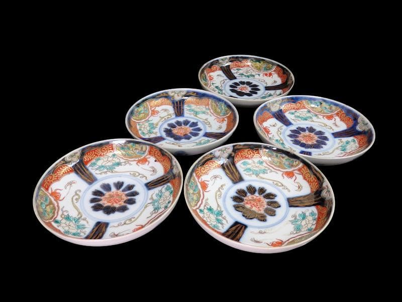 古伊万里　色絵　団龍紋に牡丹の図　5寸皿　5枚　D466AS-fbtk