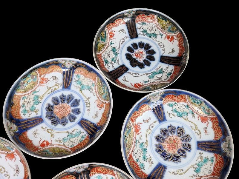 古伊万里　色絵　団龍紋に牡丹の図　5寸皿　5枚　D466AS-fbtk