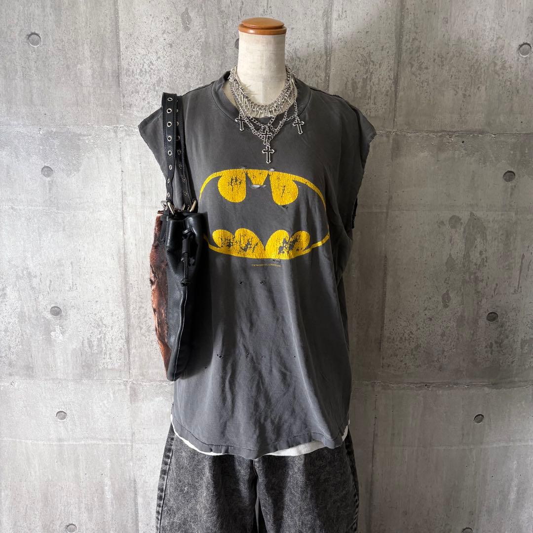80s バットマン ノースリーブTシャツ 鬼フェード ダメージ ボロ y2k