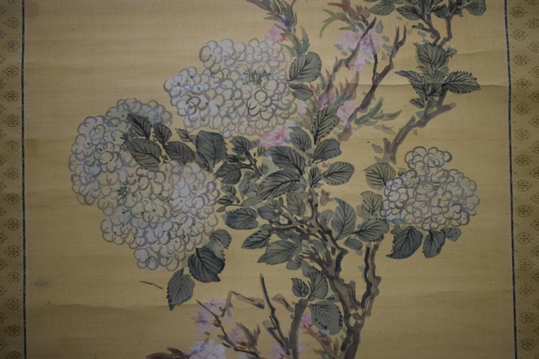 模写/椿椿山/王貌仙姿/紫陽花/絹表装/桐題箱付/布袋屋掛軸HG-122