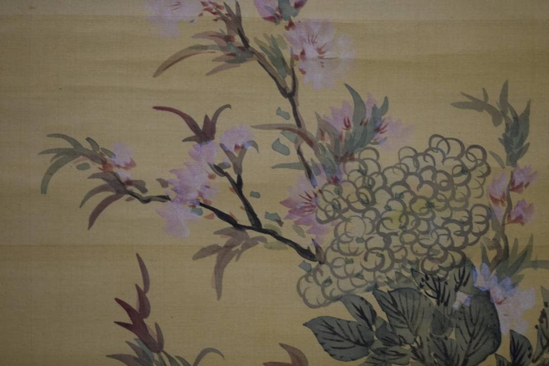 模写/椿椿山/王貌仙姿/紫陽花/絹表装/桐題箱付/布袋屋掛軸HG-122
