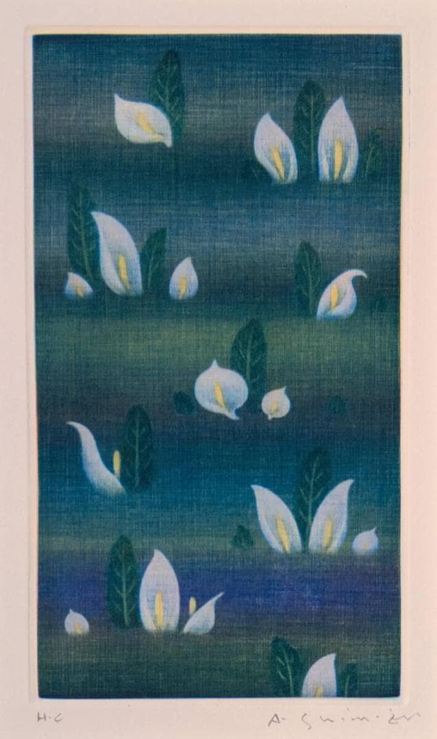 【真作】版画　銅版画　幻想の白い花　静謐な癒しの一枚　やさしい色彩　W67