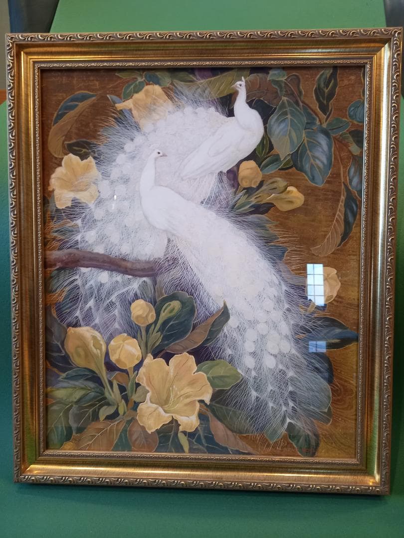 白孔雀 黄花 クジャク アートポスター 額付き フレーム付 アメリカ