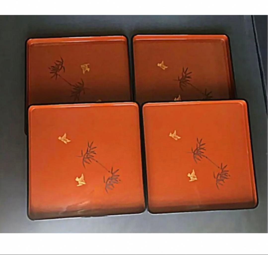 輪島塗 漆器の膳 4枚セット（竹・鳥文様）