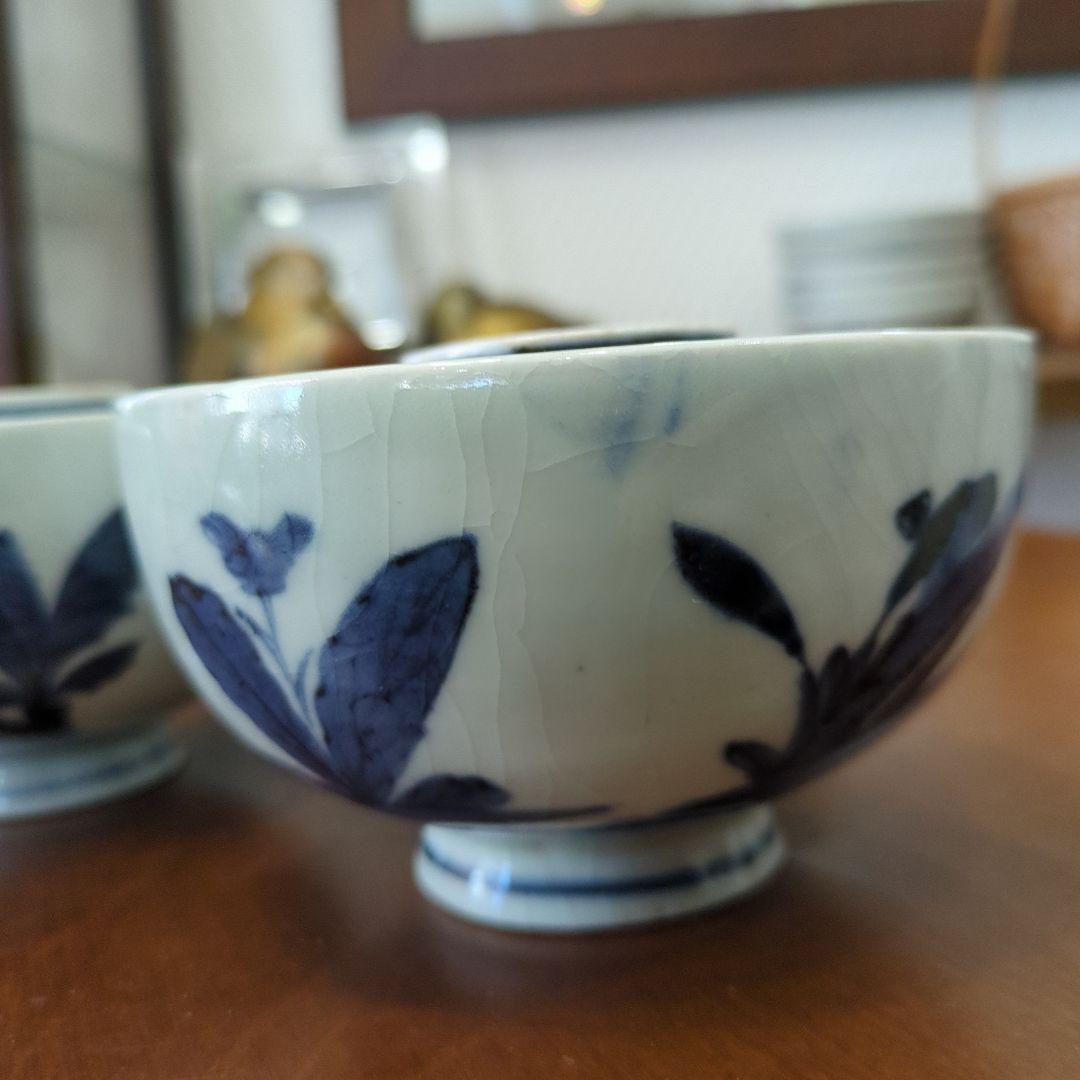 骨董　古伊万里　染め付け　蓋付き　茶碗　向付　アンティーク　5つ