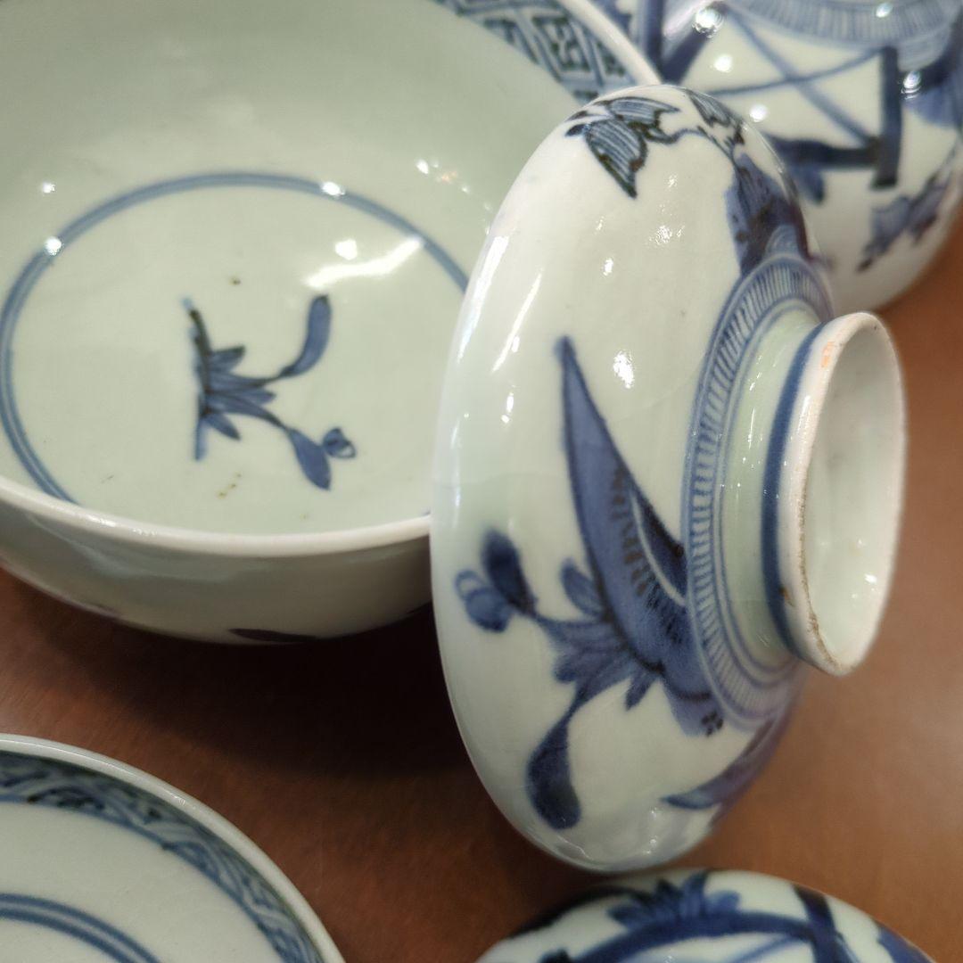 骨董　古伊万里　染め付け　蓋付き　茶碗　向付　アンティーク　5つ