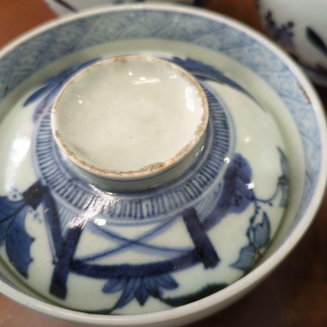 骨董　古伊万里　染め付け　蓋付き　茶碗　向付　アンティーク　5つ