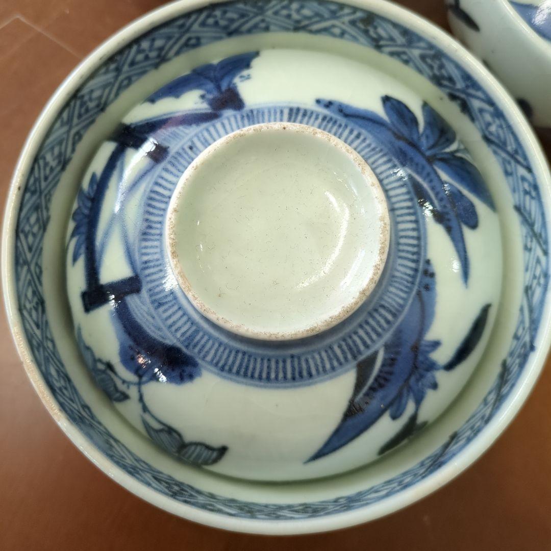 骨董　古伊万里　染め付け　蓋付き　茶碗　向付　アンティーク　5つ