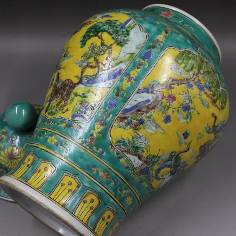 緑地パステル人物松鶴将軍缶 景徳鎮 陶磁器 装飾品 現代工芸品 美術品 置物