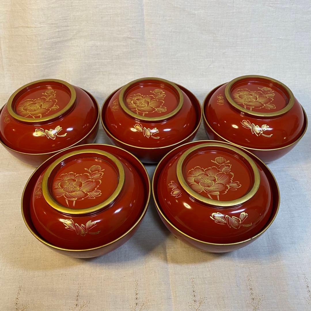 輪島塗　汁椀　金蒔絵　蒔絵　木製　牡丹蝶文　5客