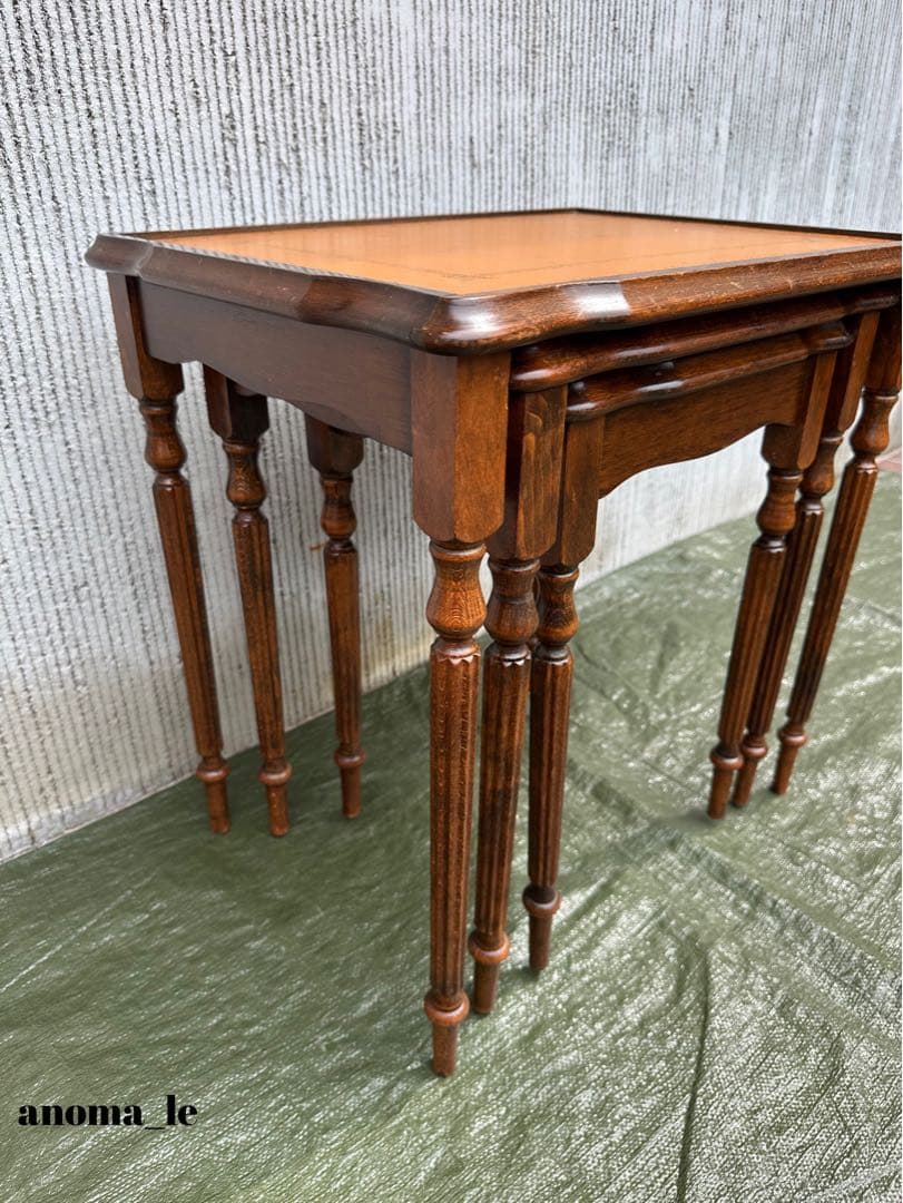 【ネストテーブル】木製　リーデッドレッグ　レザートップ　オケージョナル