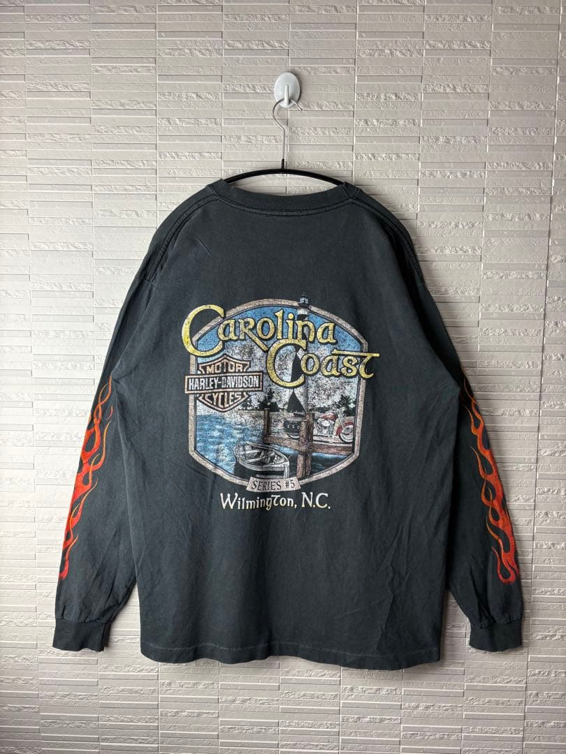 90s USA製ヴィンテージ　Harley-Davidson 袖フレイムTシャツ