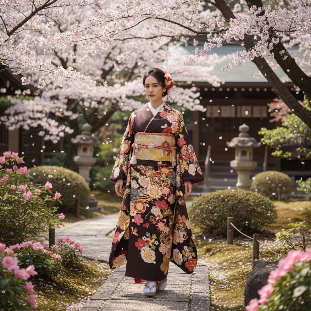 振袖7点フルセット　京都きもの友禅　金駒刺繍 金彩　松　梅紋様　成人式　お正月