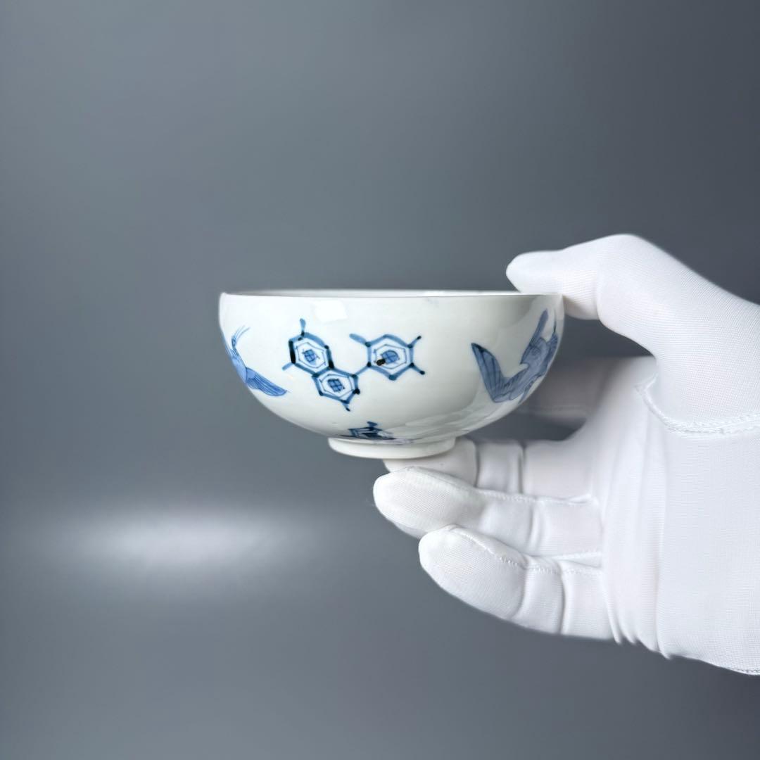 古平戸　染付鶴文様茶碗　五客　特注仕立箱　汲み出し　江戸後期〜明治期　古伊万里