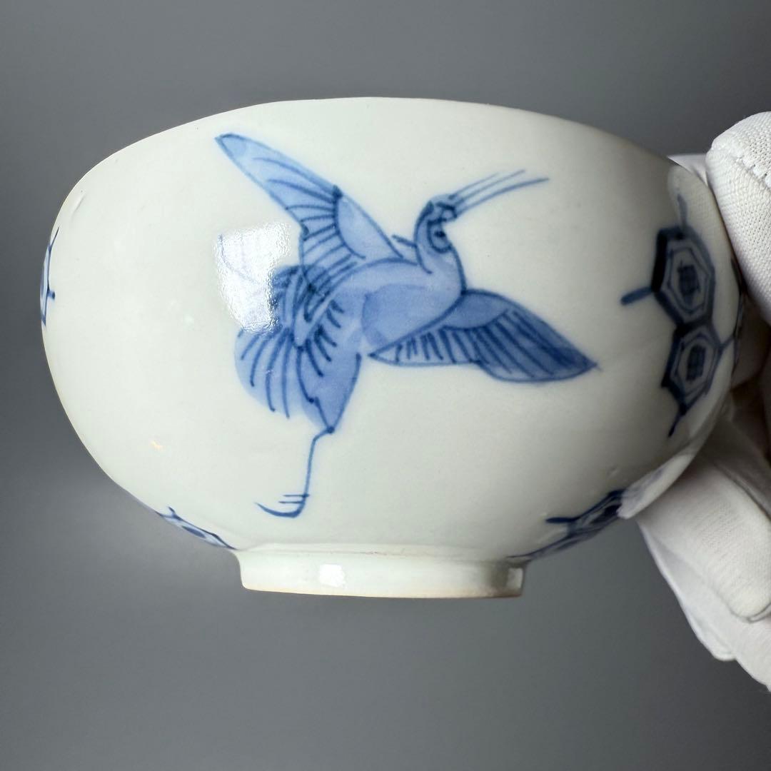 古平戸　染付鶴文様茶碗　五客　特注仕立箱　汲み出し　江戸後期〜明治期　古伊万里