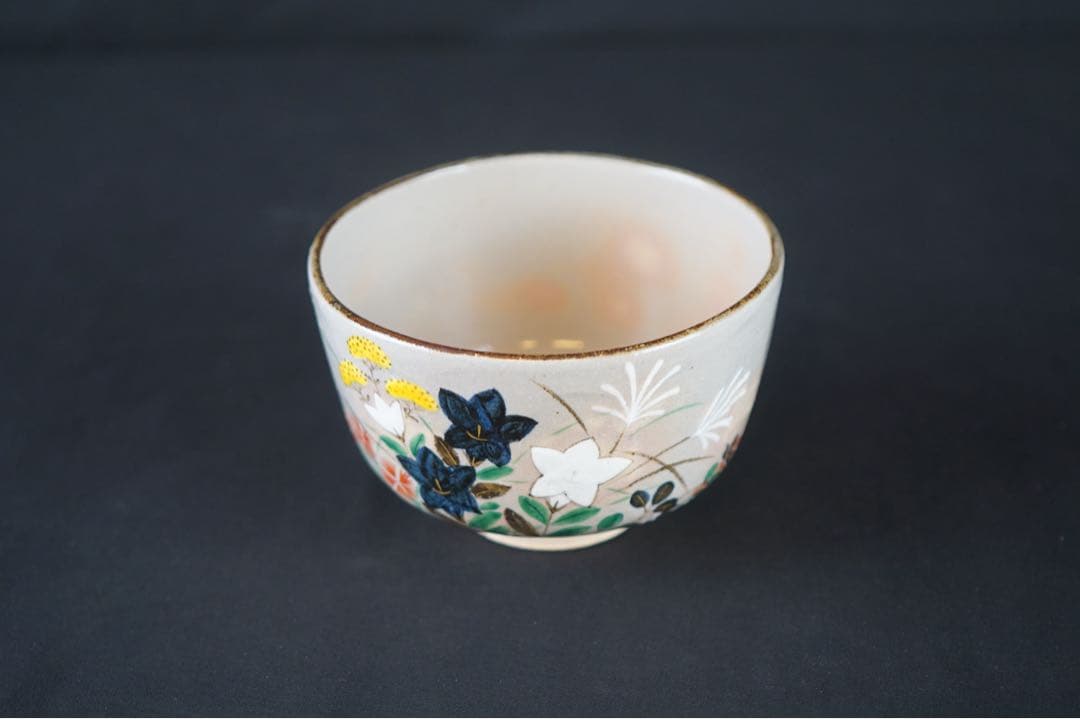 南口閑粋 作 乾山写 秋草文 金彩色絵 茶碗 共箱 栞 茶道具
