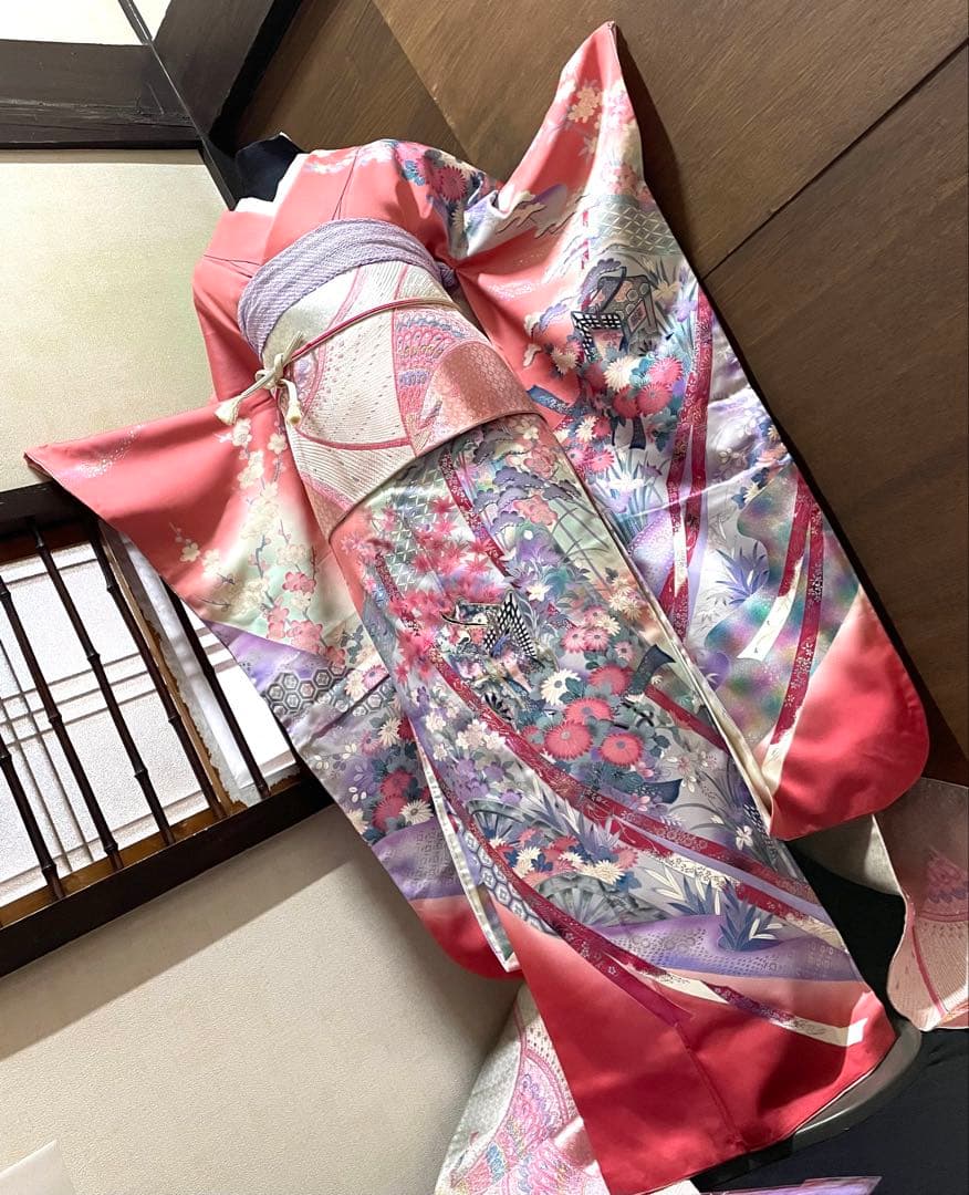 振袖 フルセット6点サイズM〜Ｌ駒刺繍　御所車花文　暈し染め　金彩正絹