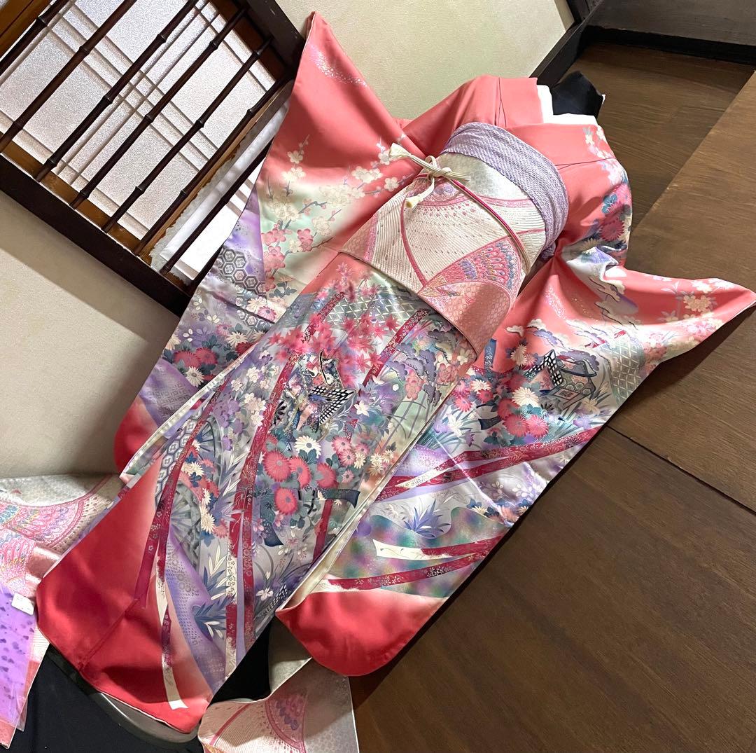 振袖 フルセット6点サイズM〜Ｌ駒刺繍　御所車花文　暈し染め　金彩正絹