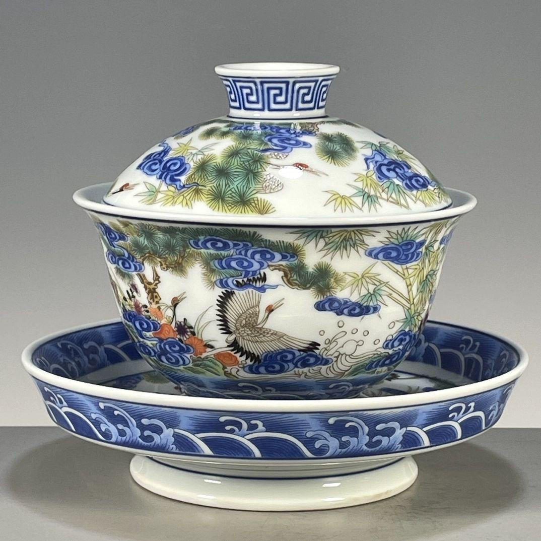 中国茶器 景德鎮 五色松鶴献寿図三才蓋碗 茶碗 新品未使用