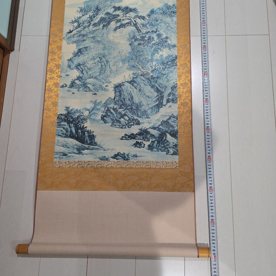山水画 掛軸 青と金の装飾