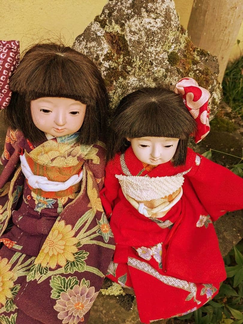 2*r様 昭和初期　正絹縮緬　市松人形 ２体 伝統工芸品 紫 赤　ビスクドール