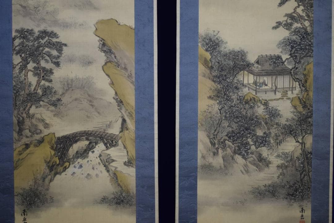 真作/宮武南岳/桂月庵/淡彩山水/双幅/絹表装/布袋屋掛軸HE-610