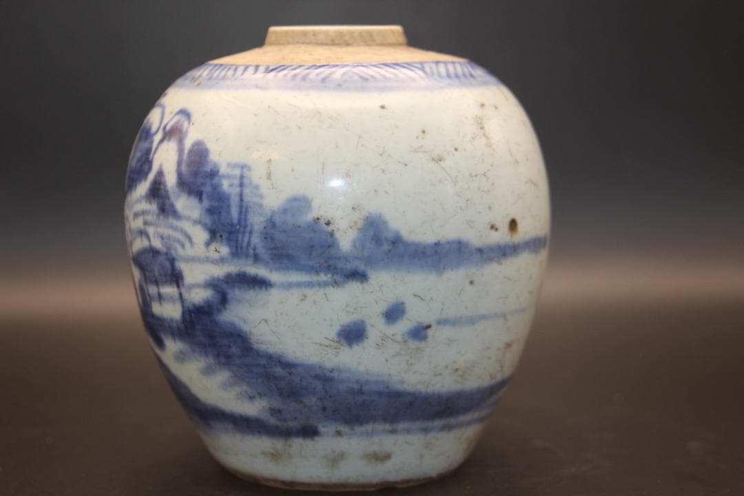 【海】古染付　清中期　人物山水絵小壺　本物保証！　骨董品 時代品 美術品