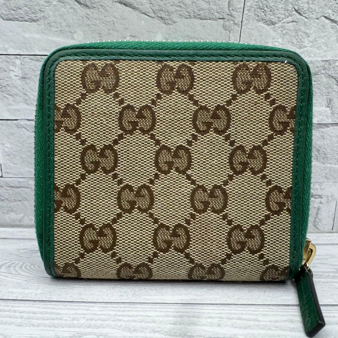 【美品】GUCCI　二つ折り財布　ラウンドジップ　 GG柄　キャンバス グリーン