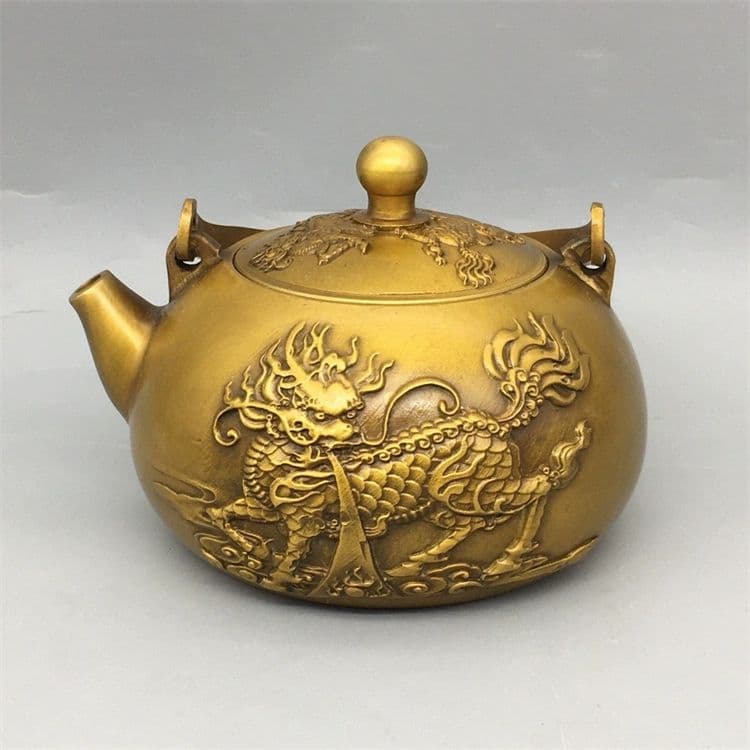 銅器 浮彫麒麟提梁壺 茶壺 酒壺 煎茶道具 装飾品 工芸品 美術品 置物