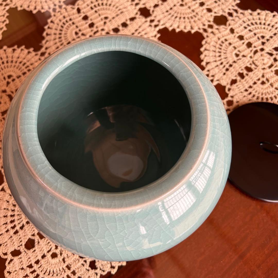 九谷焼 作家もの 青磁 水指 堂前忠正 茶道具 漆塗蓋付 共箱