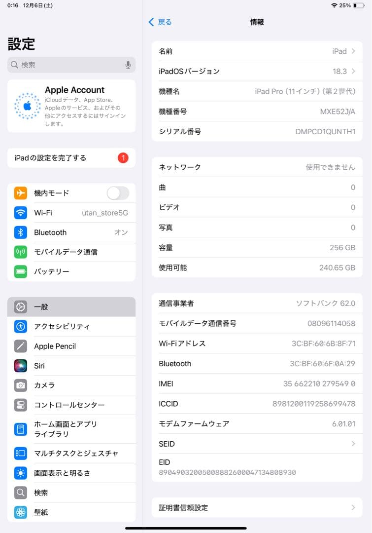11インチ iPad Pro 第2世代 256GB SIMロック解除不明
