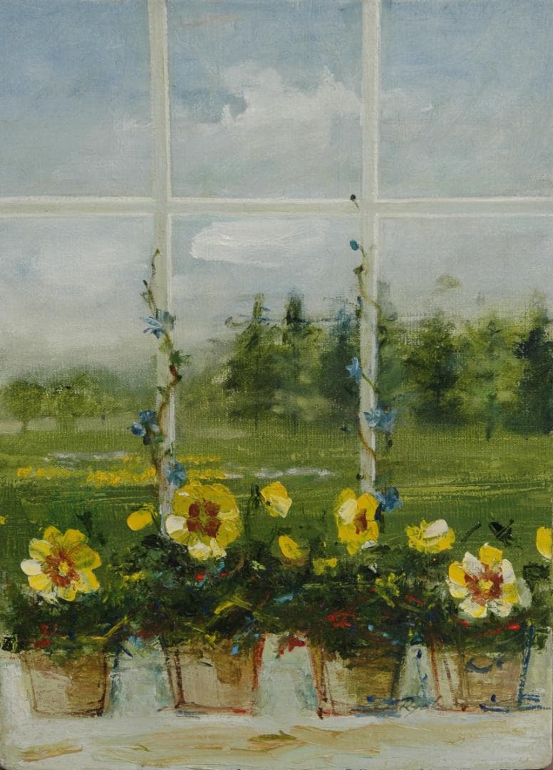 油絵 菅家令子 絵 絵画 インテリア 額付(黒) F4-070402 窓辺の花