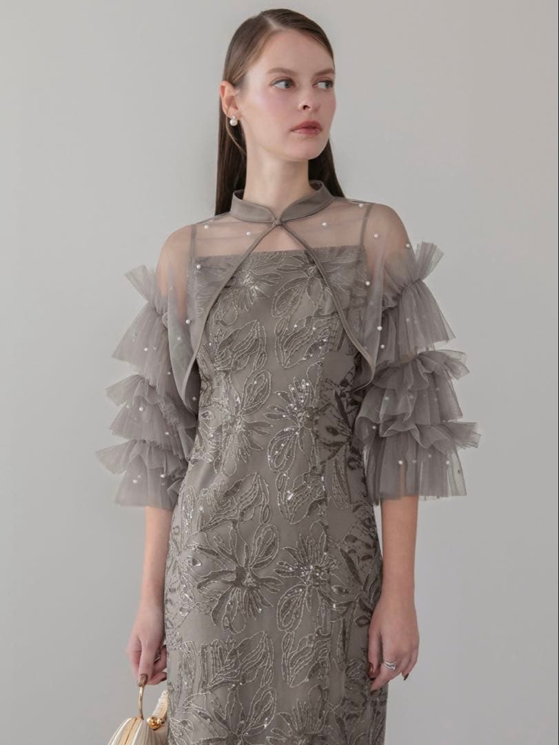 パールフリルチュールボレロレイヤードIラインワンピースドレス結婚式パーティー