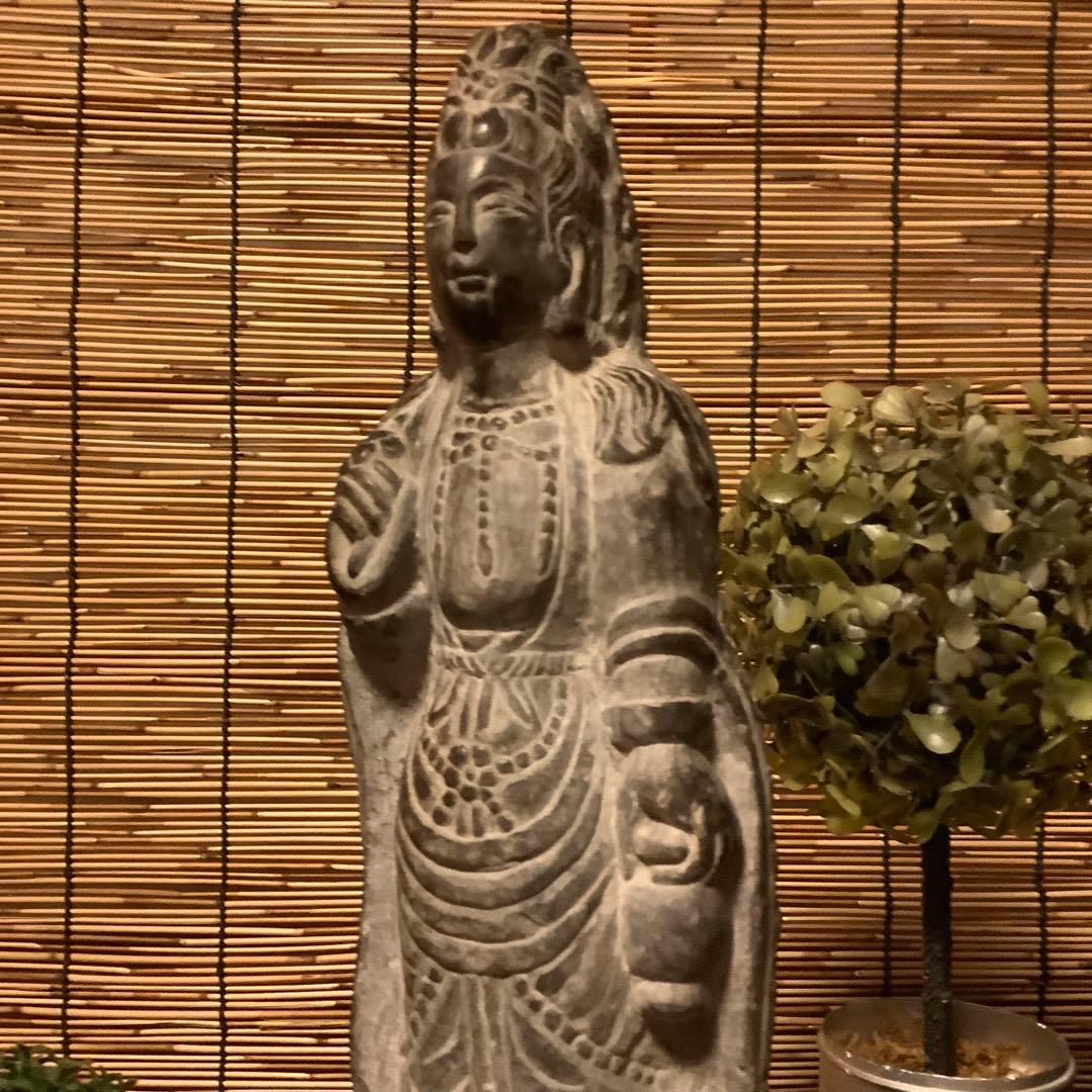 中国魏國「大魏・菩薩立像」南北朝時代・北斎・北魏様式・黒曜石・年号刻字彫