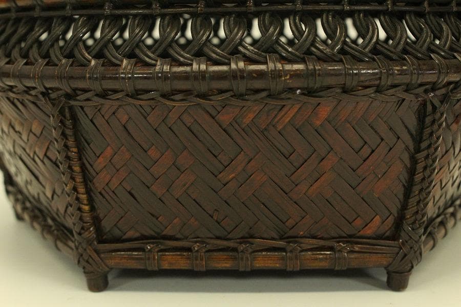 茶道具 竹編 時代 炭斗 美品(A820)