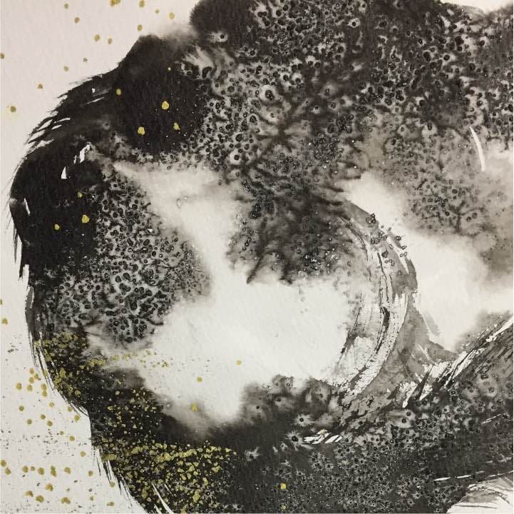 中秋の名月と猫、水彩紙24cm×35cm