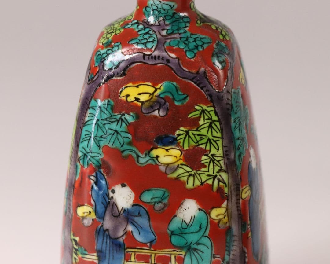 陶芸 九谷焼 木米写し 徳利一対 唐人物図 色絵 赤絵 酒器【MA469】