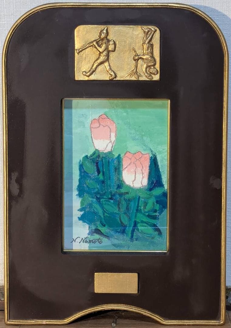 【真作】絵画　油彩SM　二輪のバラ　レリーフ付き装飾フレーム　小品　X70