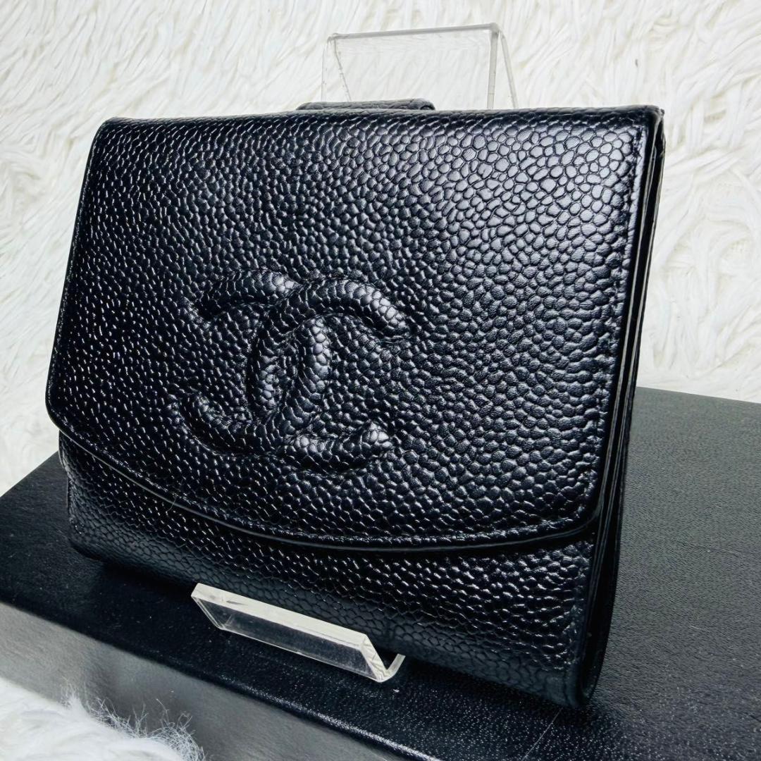 セール！CHANEL 二つ折り財布 ココマーク キャビアスキン レザー Wホック