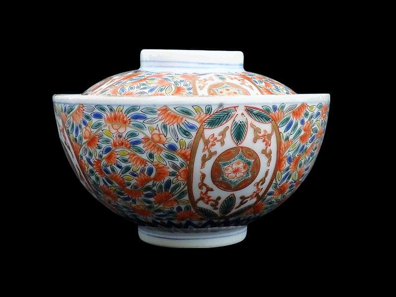 古伊万里　色絵　花繋ぎの図　蓋茶碗　江戸期　CZu