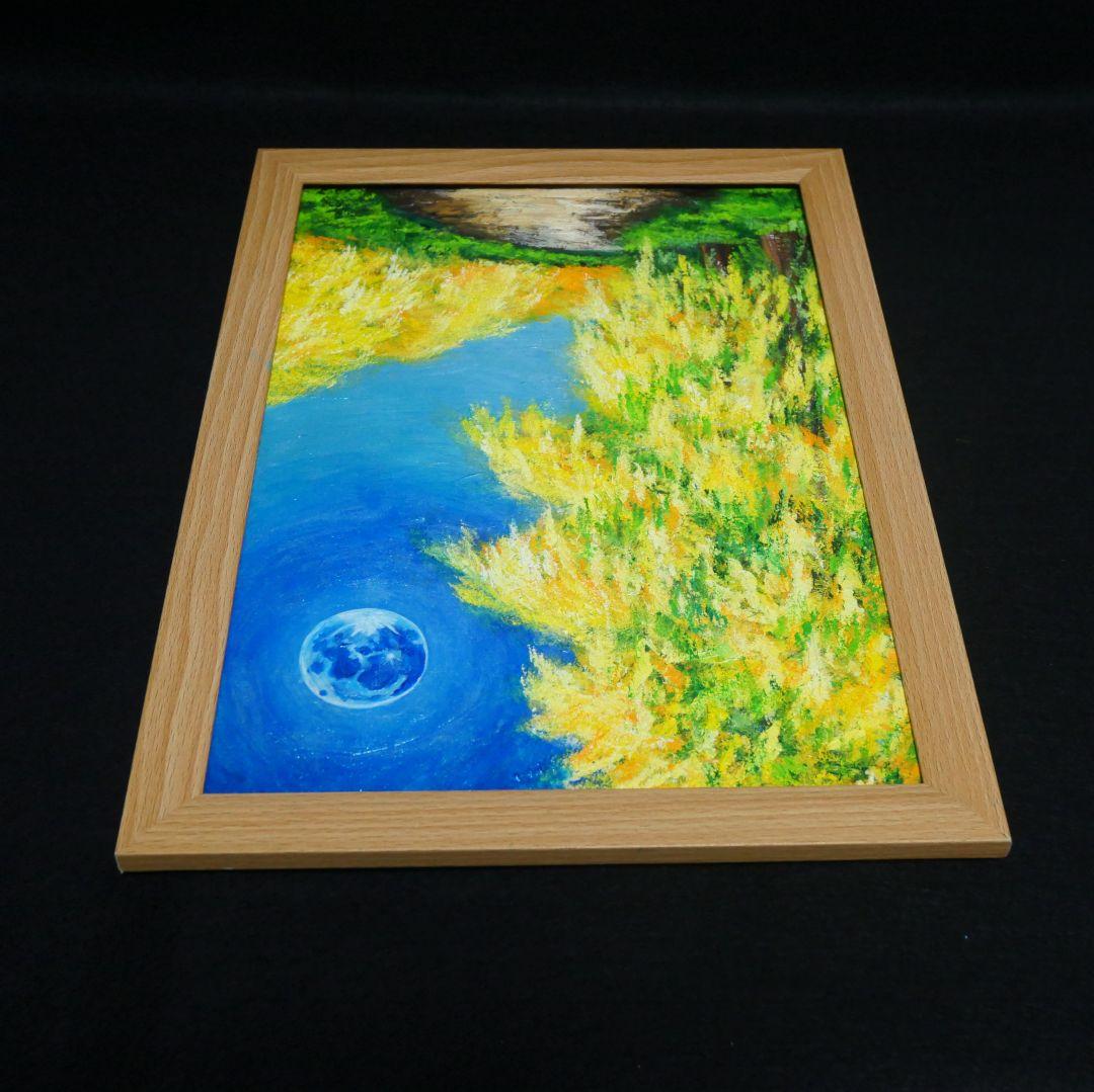 油絵 油彩 油彩画 絵 絵画 【ミモザと青い満月】