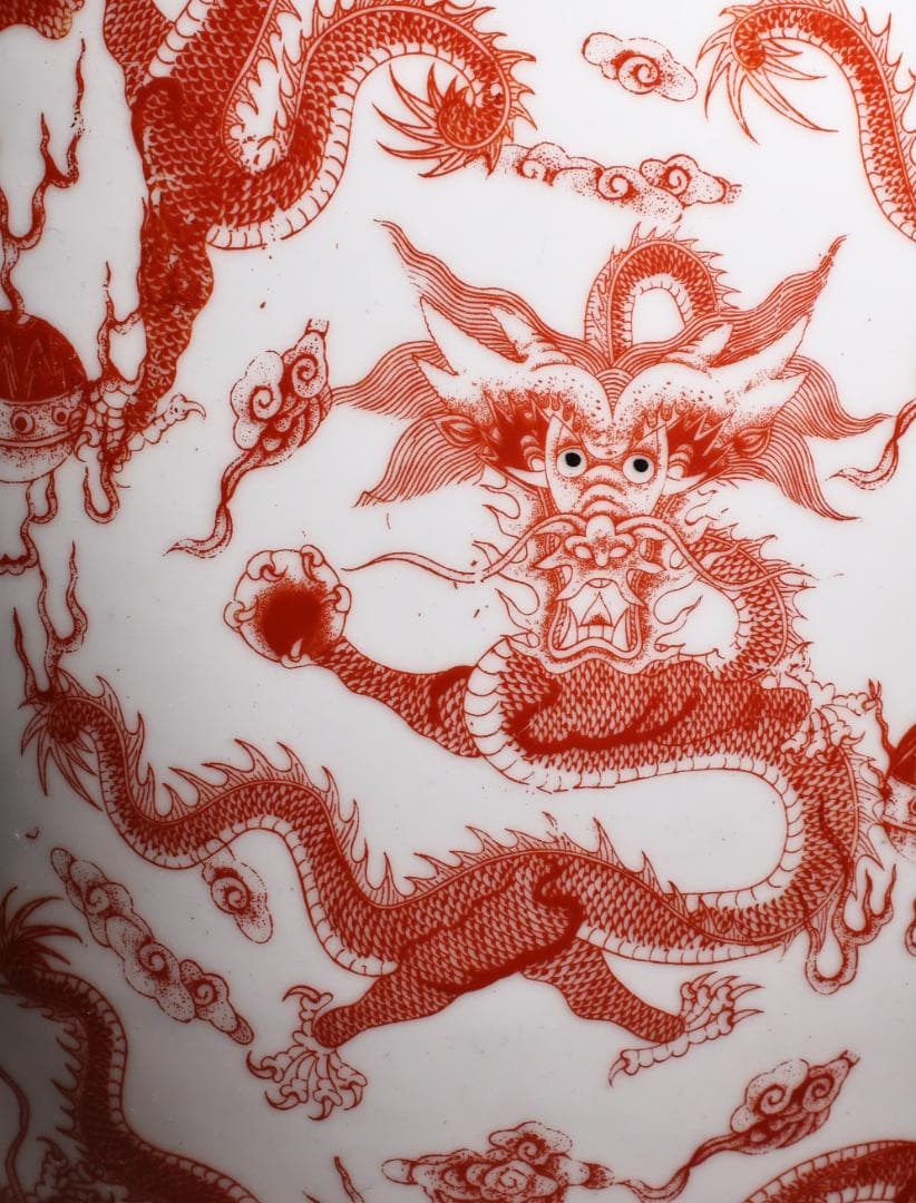 BK217　中国古玩　大清乾隆年製 銘　紅釉郡龍文様　花瓶　飾壷　壺　高40㎝