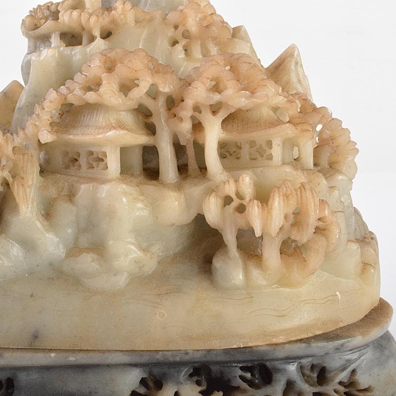 中国　玉石寿山石彫刻　楼閣山水雕　床飾　置物　V　R5747