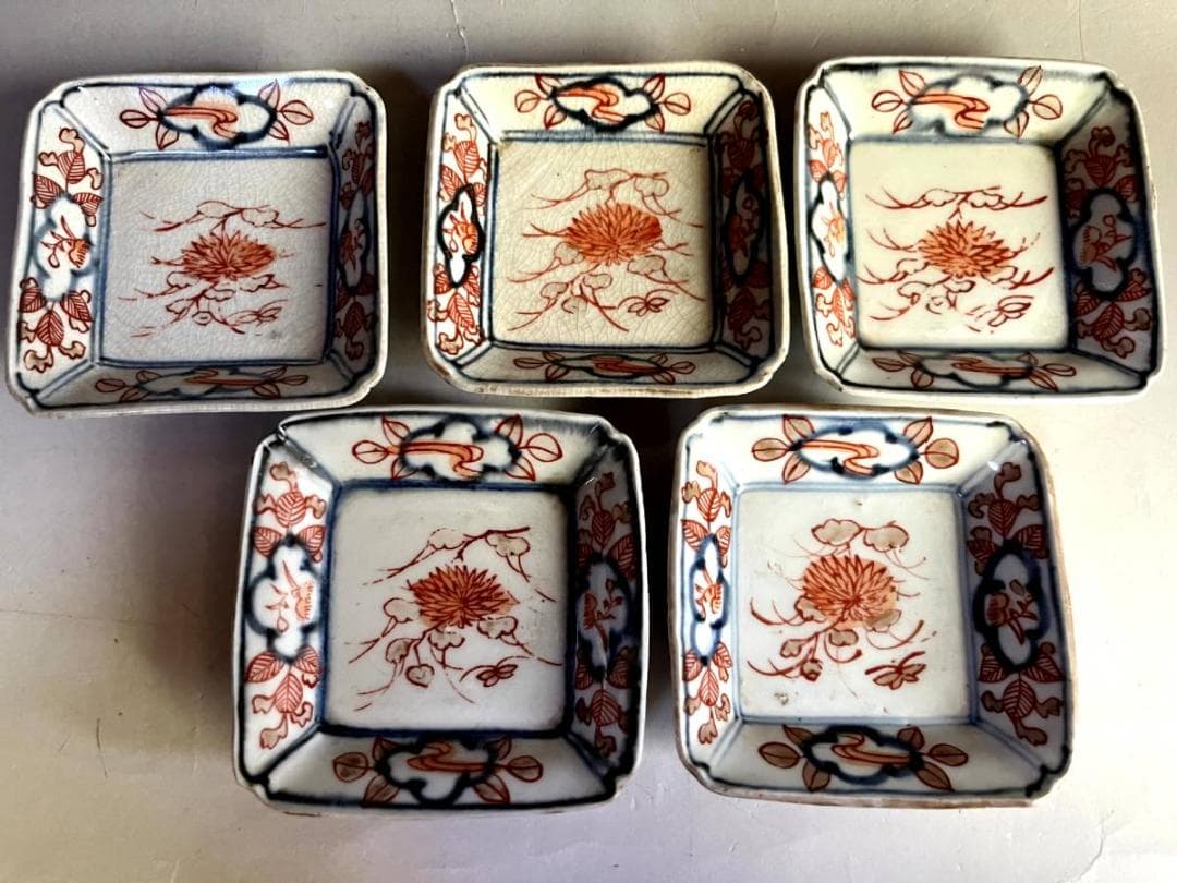 小皿■赤絵 5客 大明年製 花唐草紋 貫入有 江戸後期 古美術 時代物 骨董品■