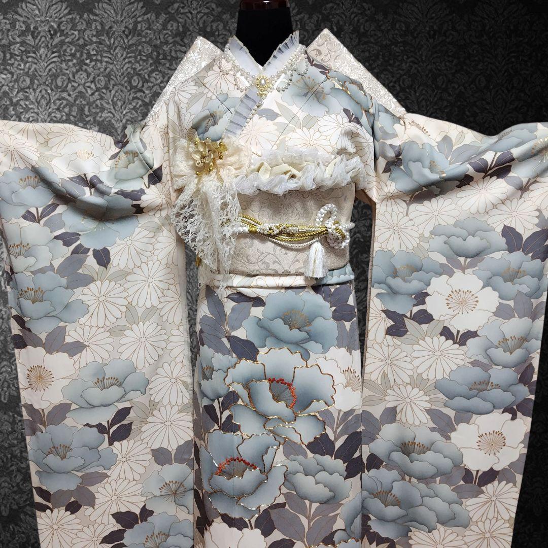 振袖フルセット(9点)・成人式・金彩加工・くすみ・金駒刺繍・胴裏正絹・逸品