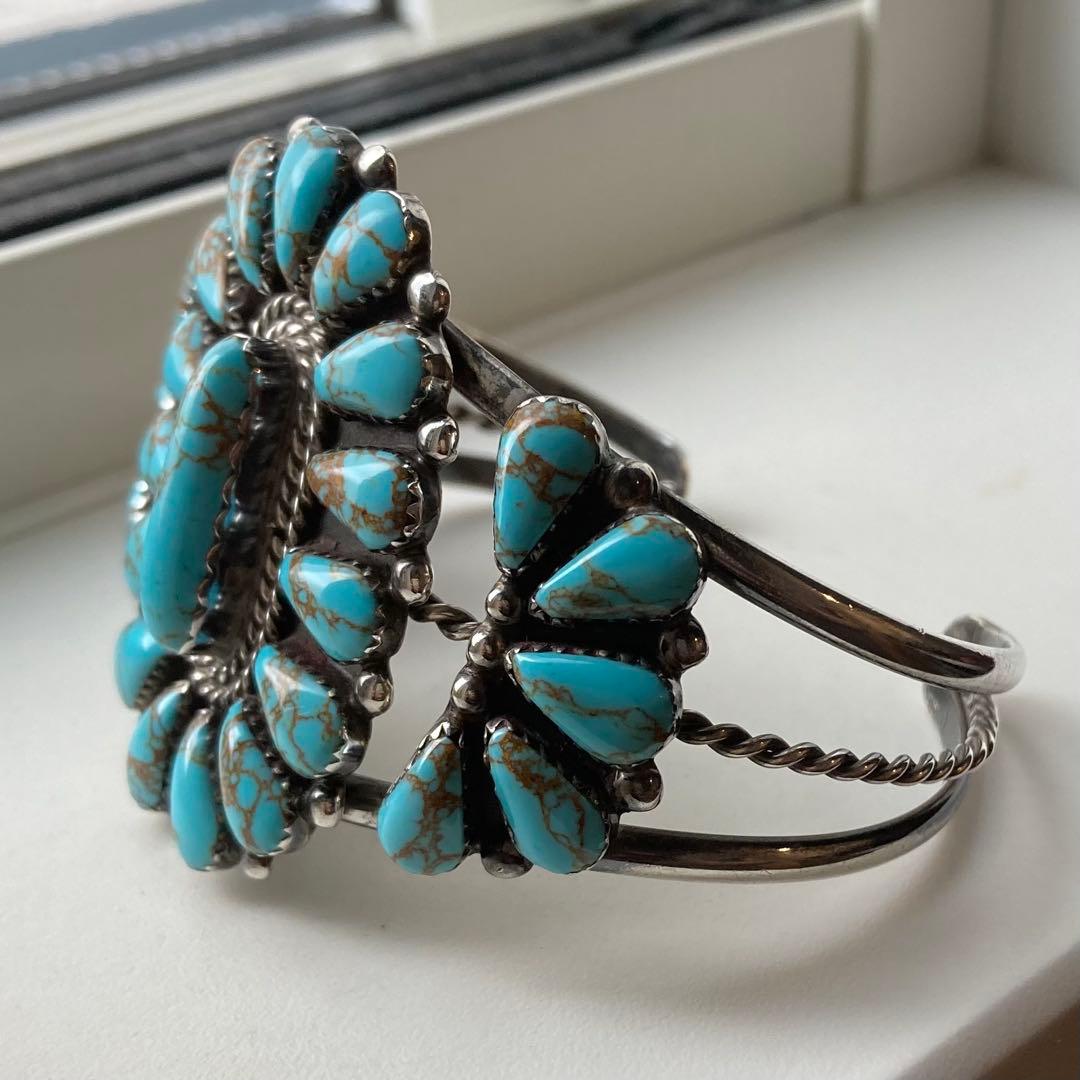 スターリングシルバー ナバホ族 ターコイズ フラワー クラスター バングル